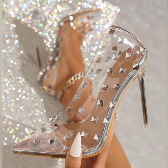 New! Stunning Stiletto Clear High Heel with Silver Studs Size 38 - Picture 4 of 10